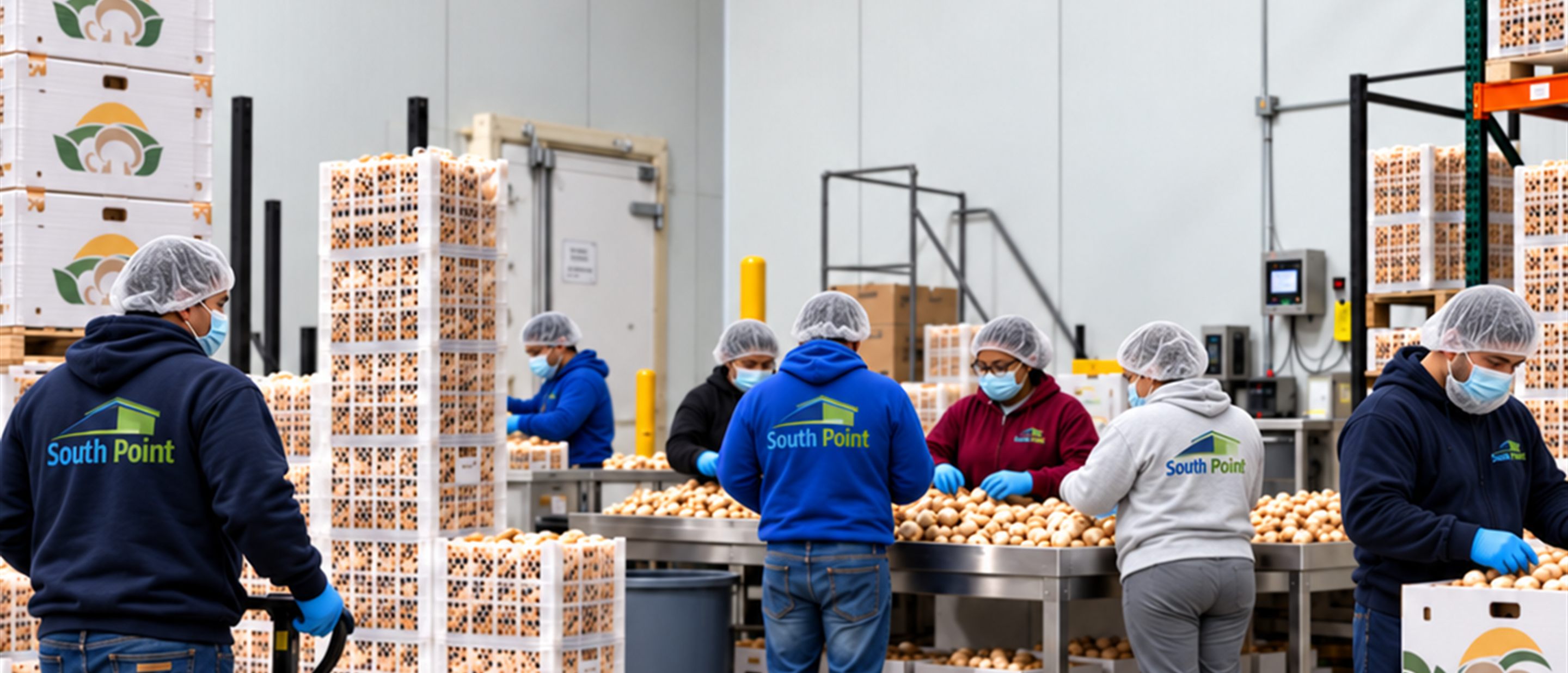 The South Point team packing fresh mushrooms along stainless packing tables in the cold facility