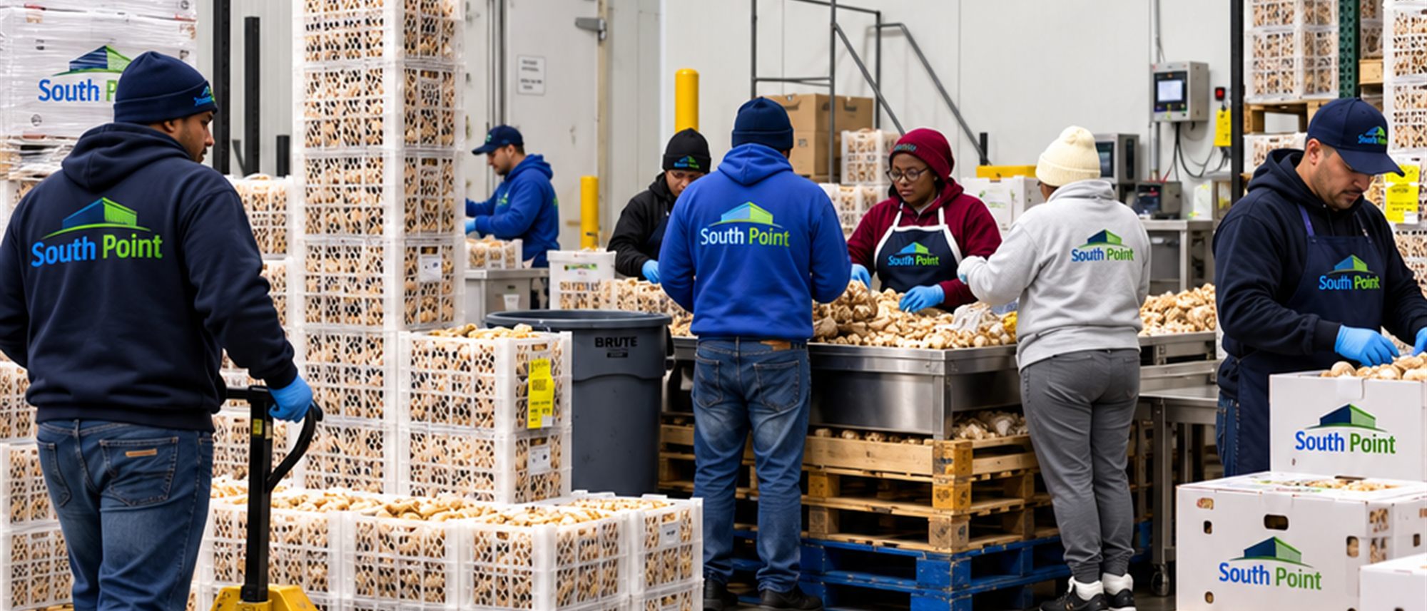 The South Point team packing produce at the stainless tables, with pallets moving behind them